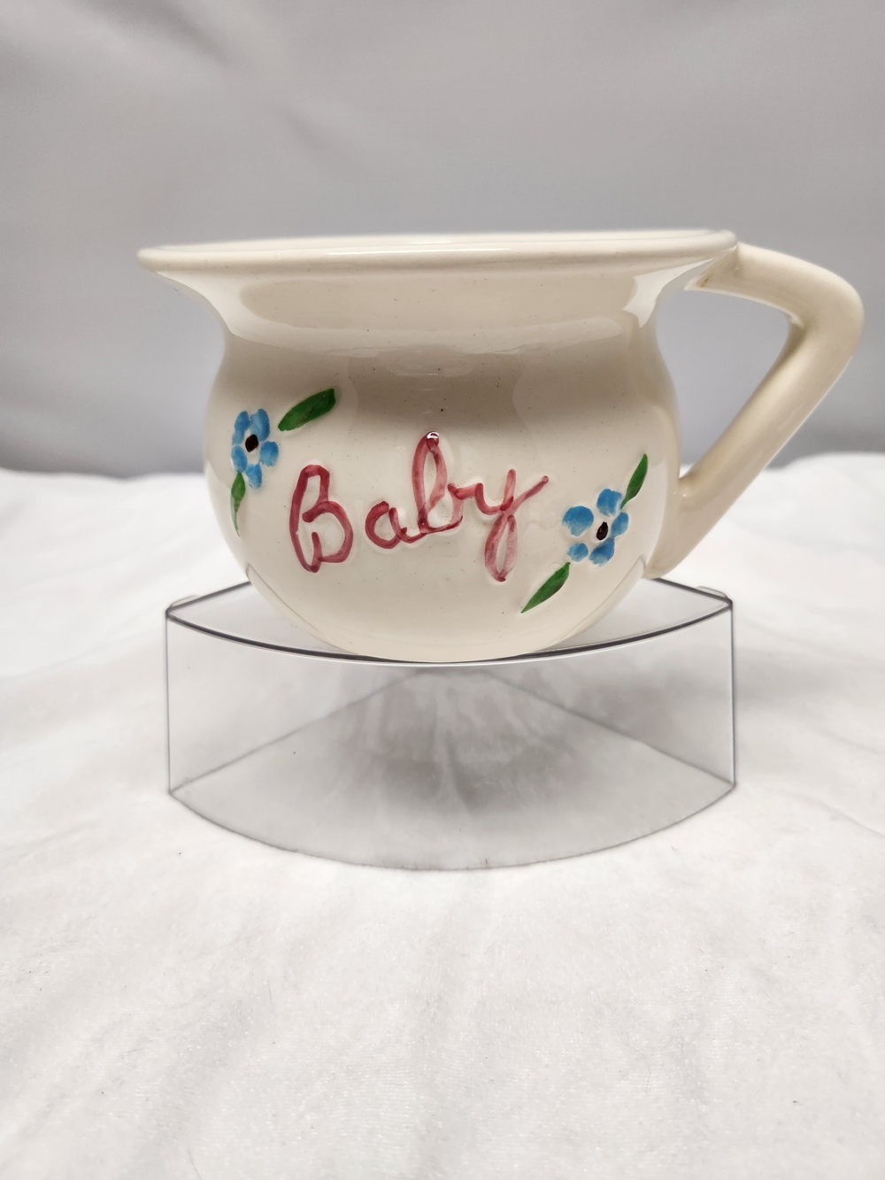 Baby Ceramic Planter in Cream with Pink Script and Blue Flowers